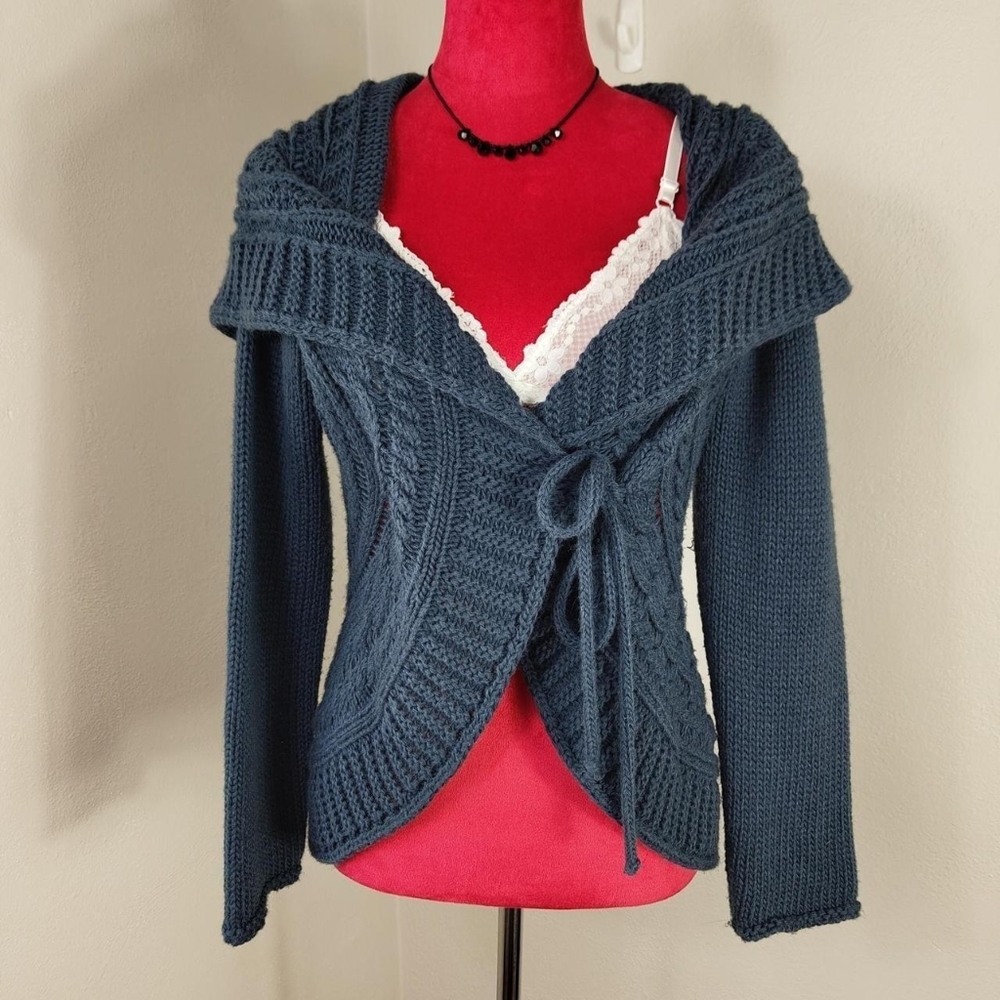 Blue Off Shoulder Front Tie Cozy Cardigan Sweater Shawl Hekla And Co Medium